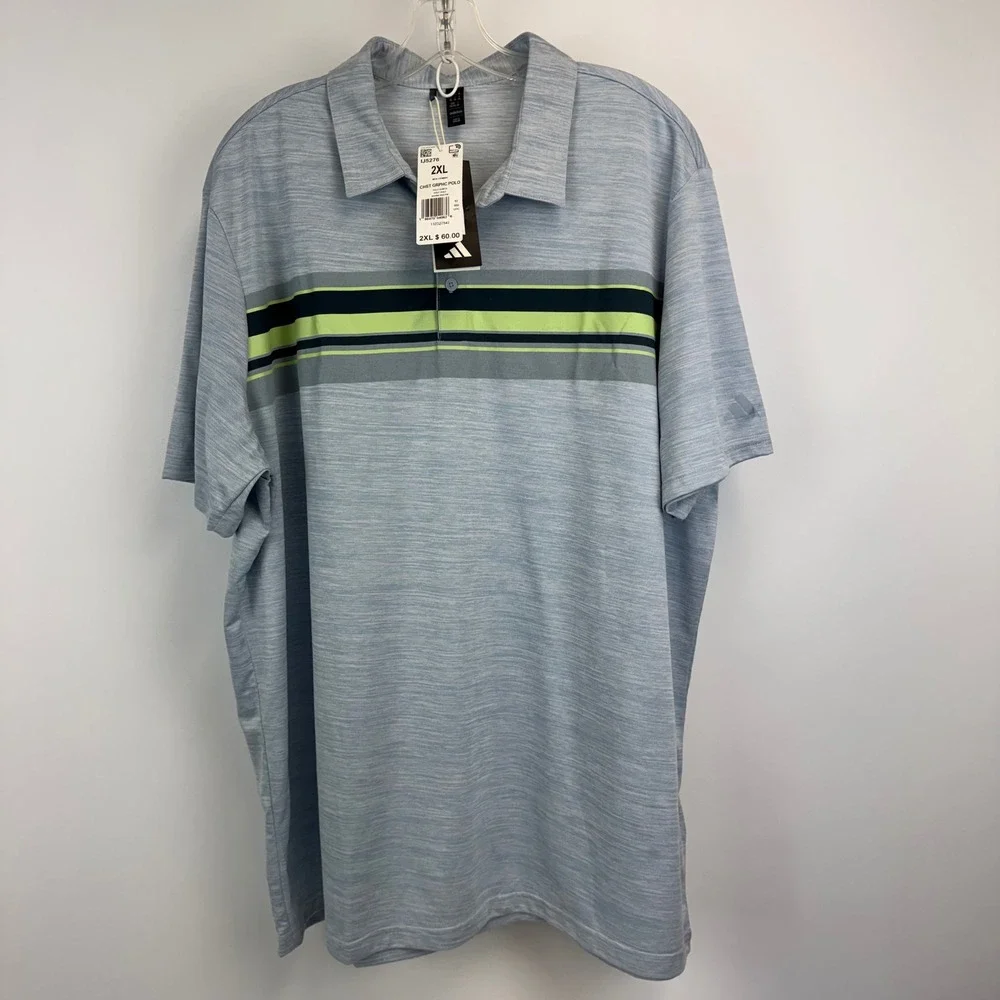 Adidas Mens Chest Graphic Golf Polo Shirt‎ Wonder Blue Melange IJ5276 2XL NWT